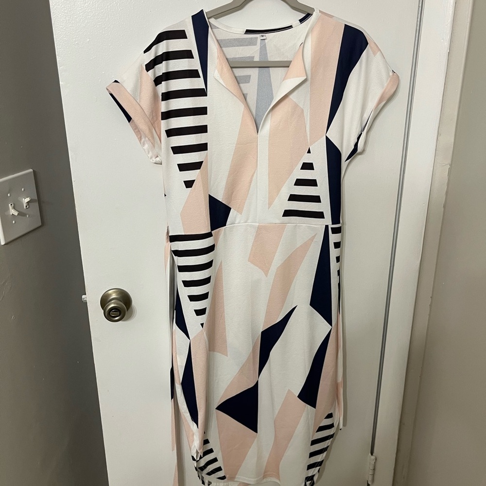 Amazon Women's Midi Dress - Black, White, and Pink Geometric Design